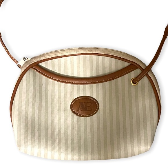 ALLAN EDWARD Vintage 80s Half Moon White & Brown Stripe Crossbody - Picture 10 of 13